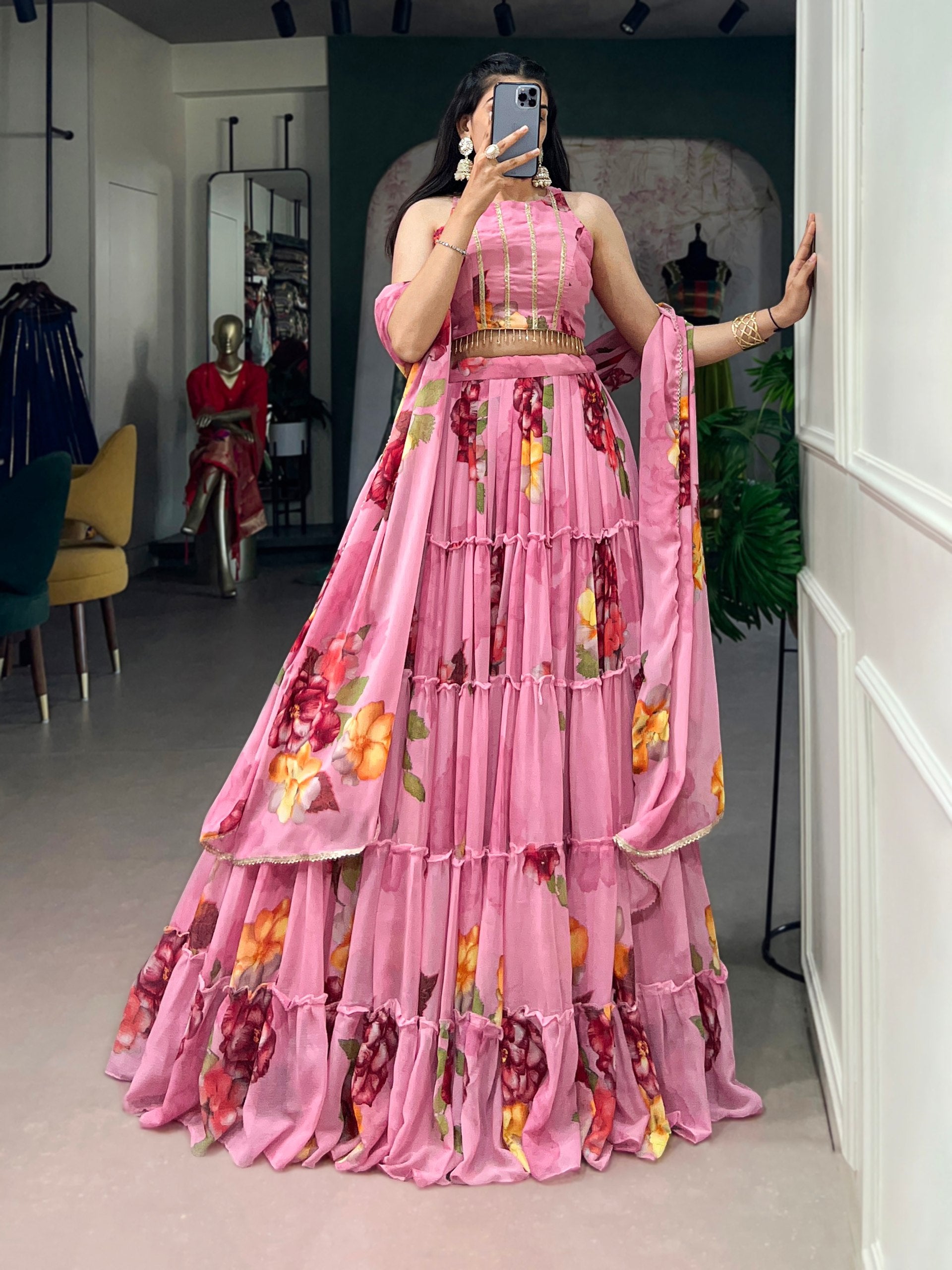 Janki's Floral Printed Georgette Tiered Lehenga Choli