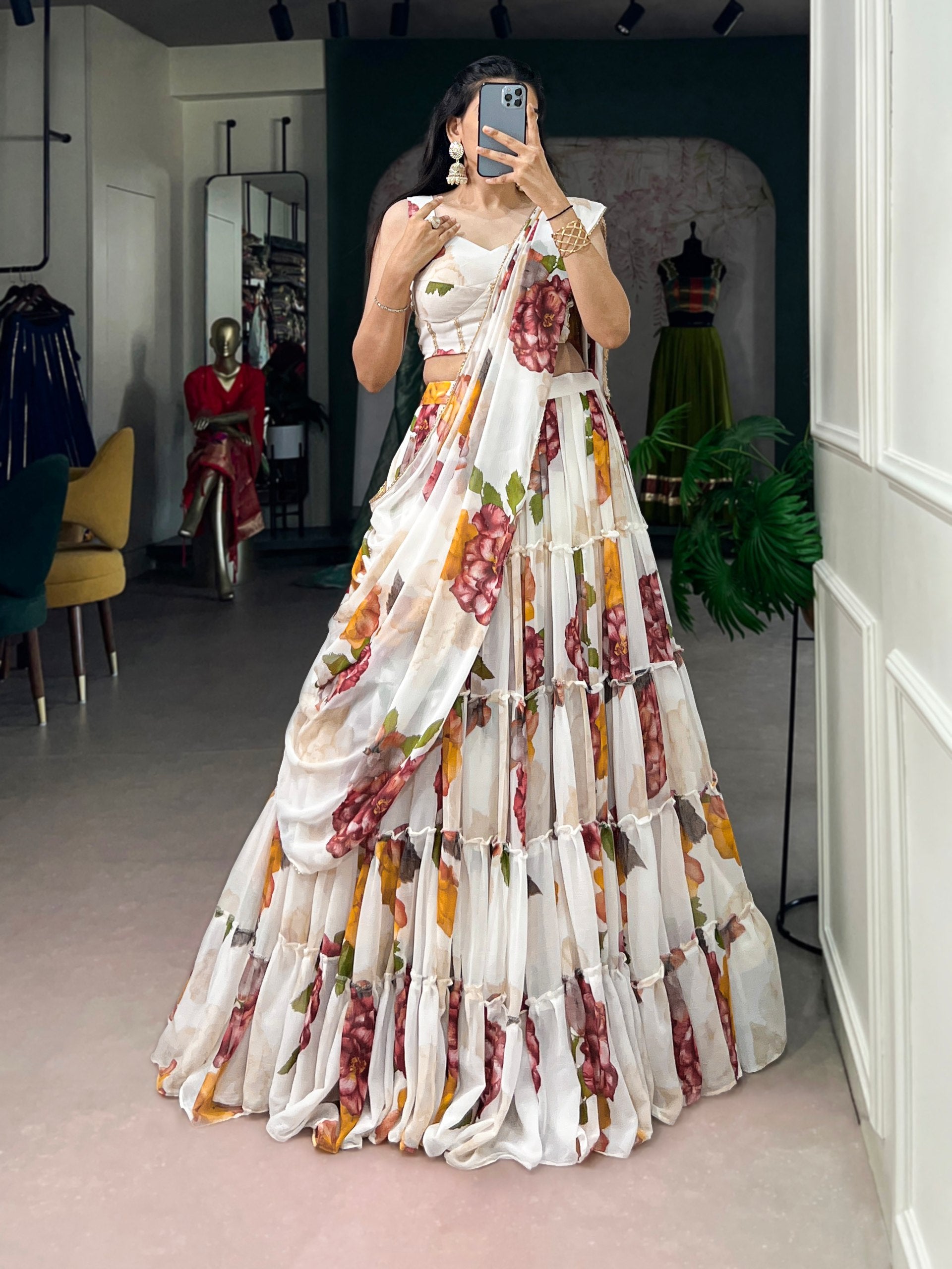Janki's Floral Printed Georgette Tiered Lehenga Choli