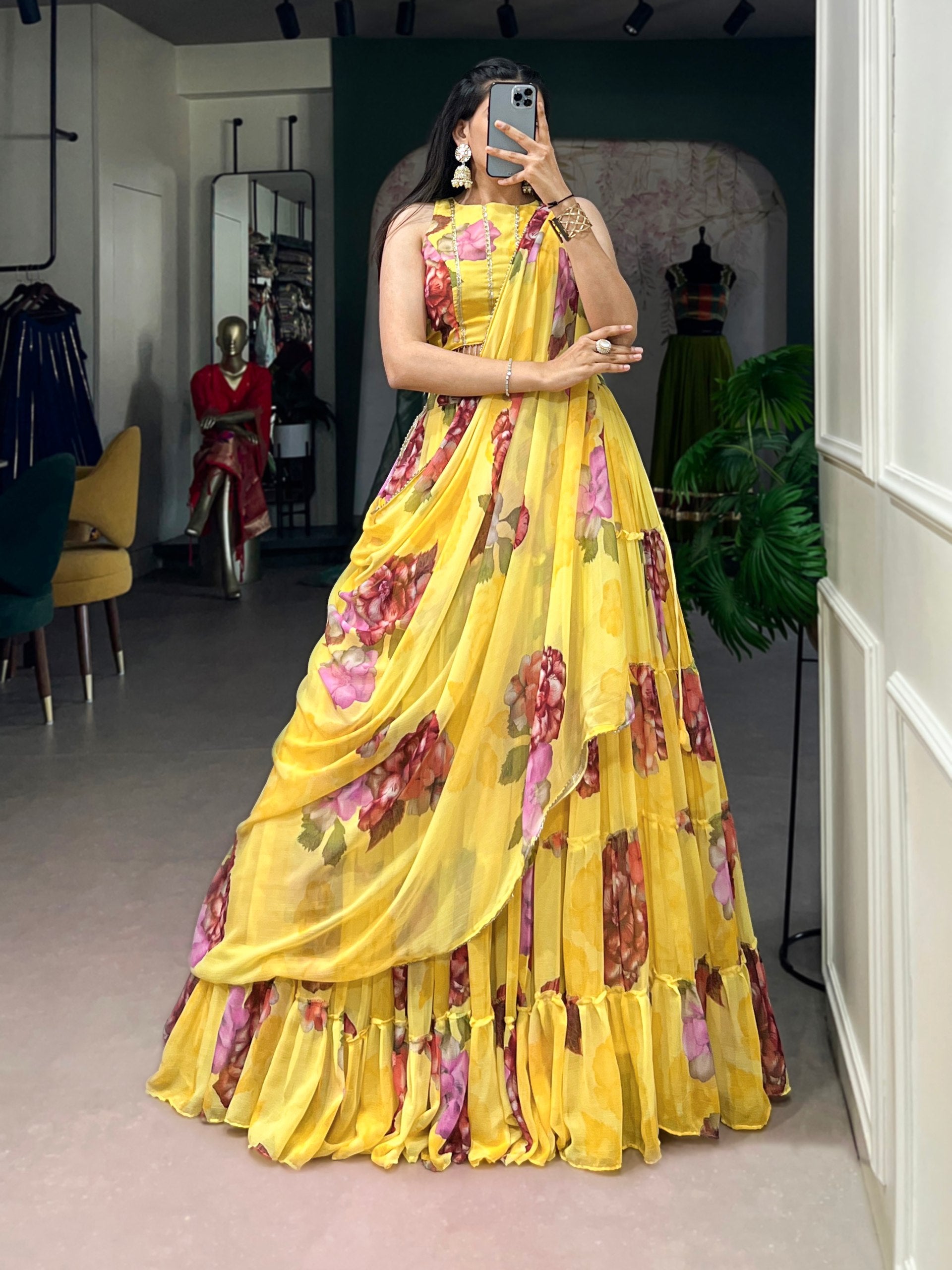 Janki's Floral Printed Georgette Tiered Lehenga Choli