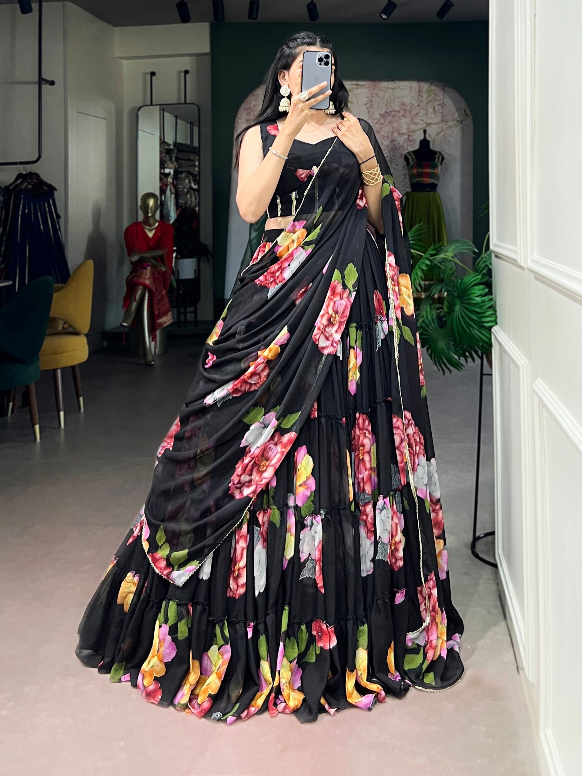 Janki's Floral Printed Georgette Tiered Lehenga Choli