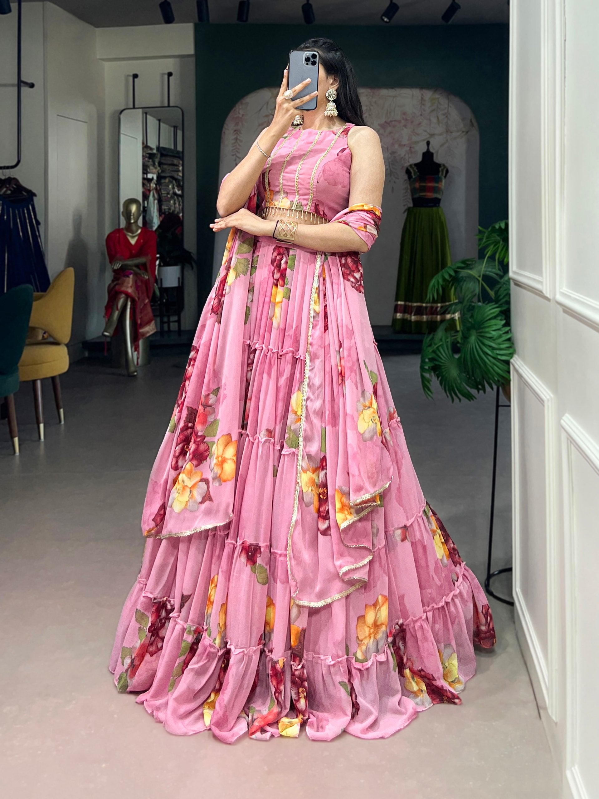 Janki's Floral Printed Georgette Tiered Lehenga Choli
