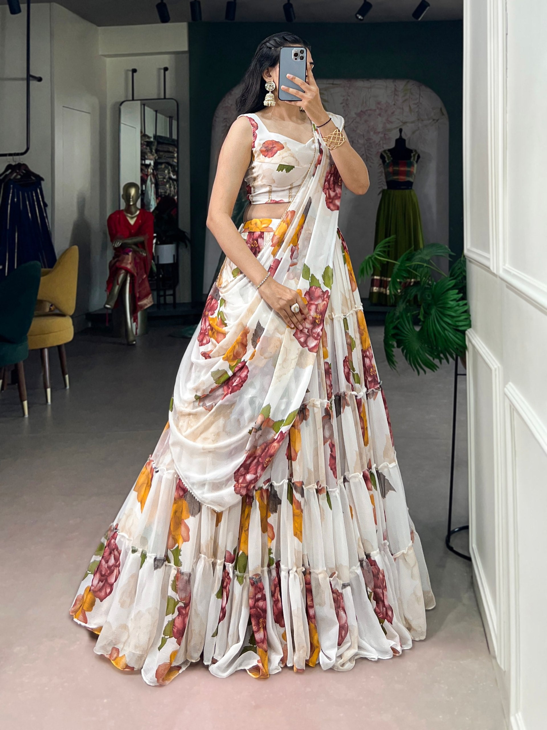 Janki's Floral Printed Georgette Tiered Lehenga Choli