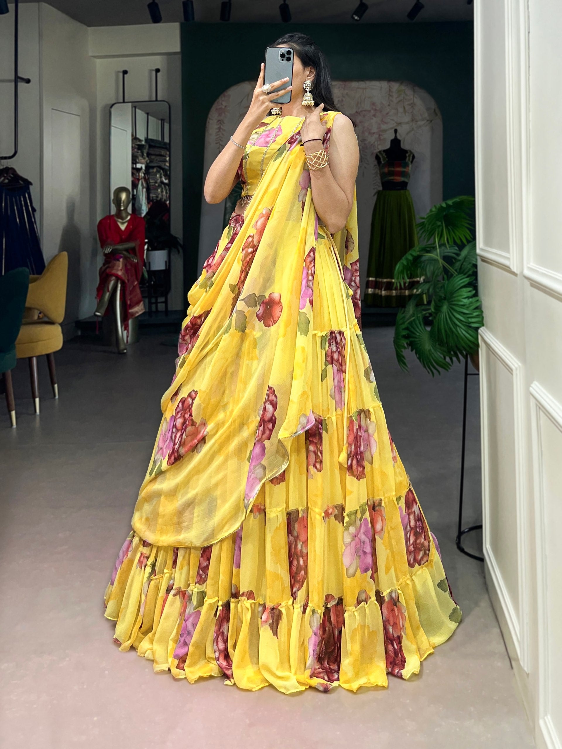 Janki's Floral Printed Georgette Tiered Lehenga Choli