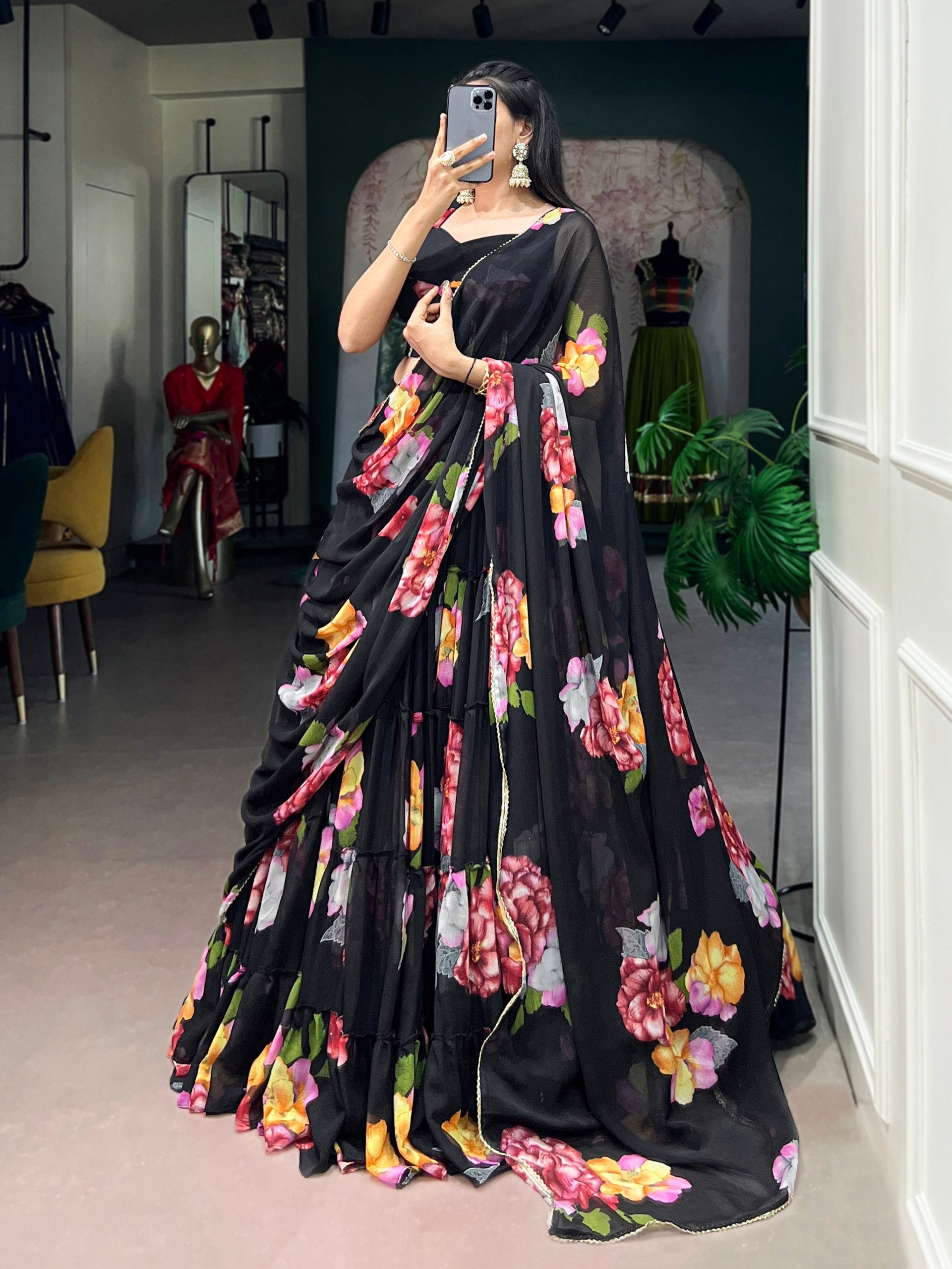Janki's Floral Printed Georgette Tiered Lehenga Choli