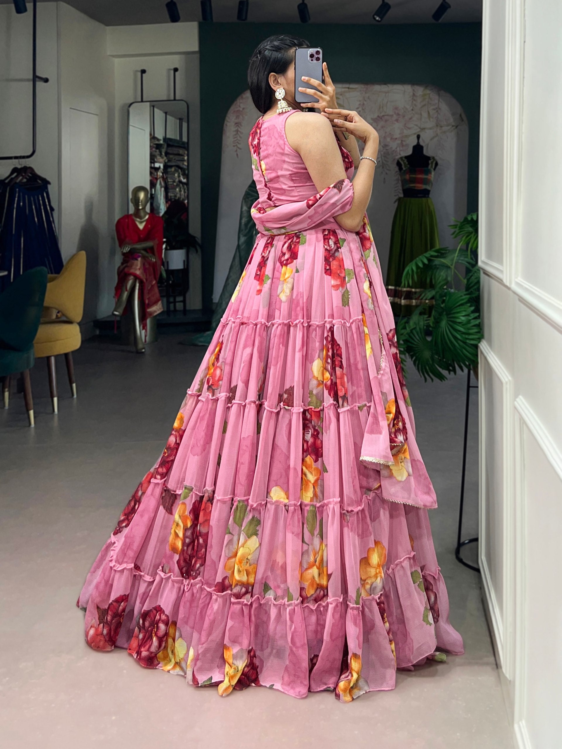 Janki's Floral Printed Georgette Tiered Lehenga Choli