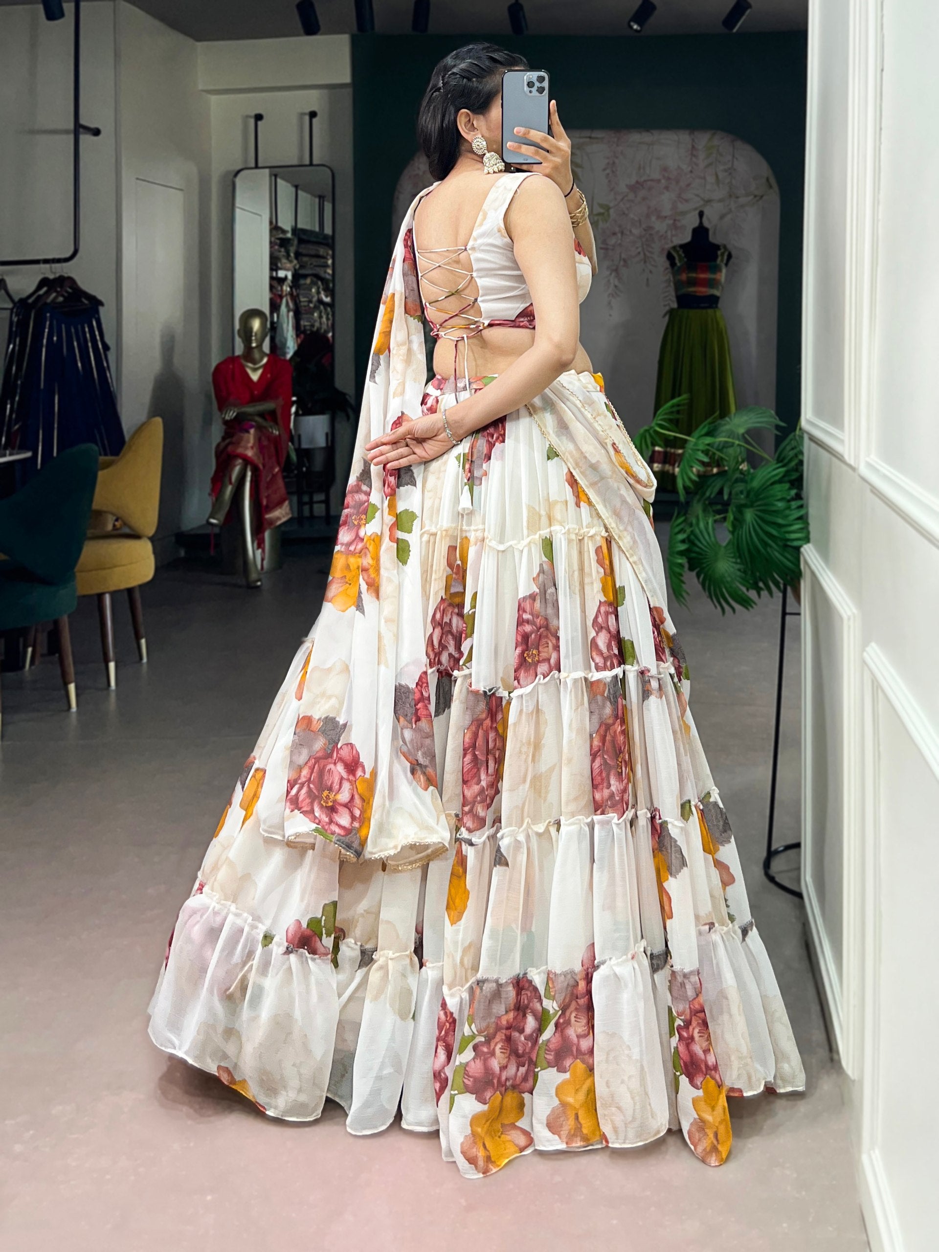 Janki's Floral Printed Georgette Tiered Lehenga Choli