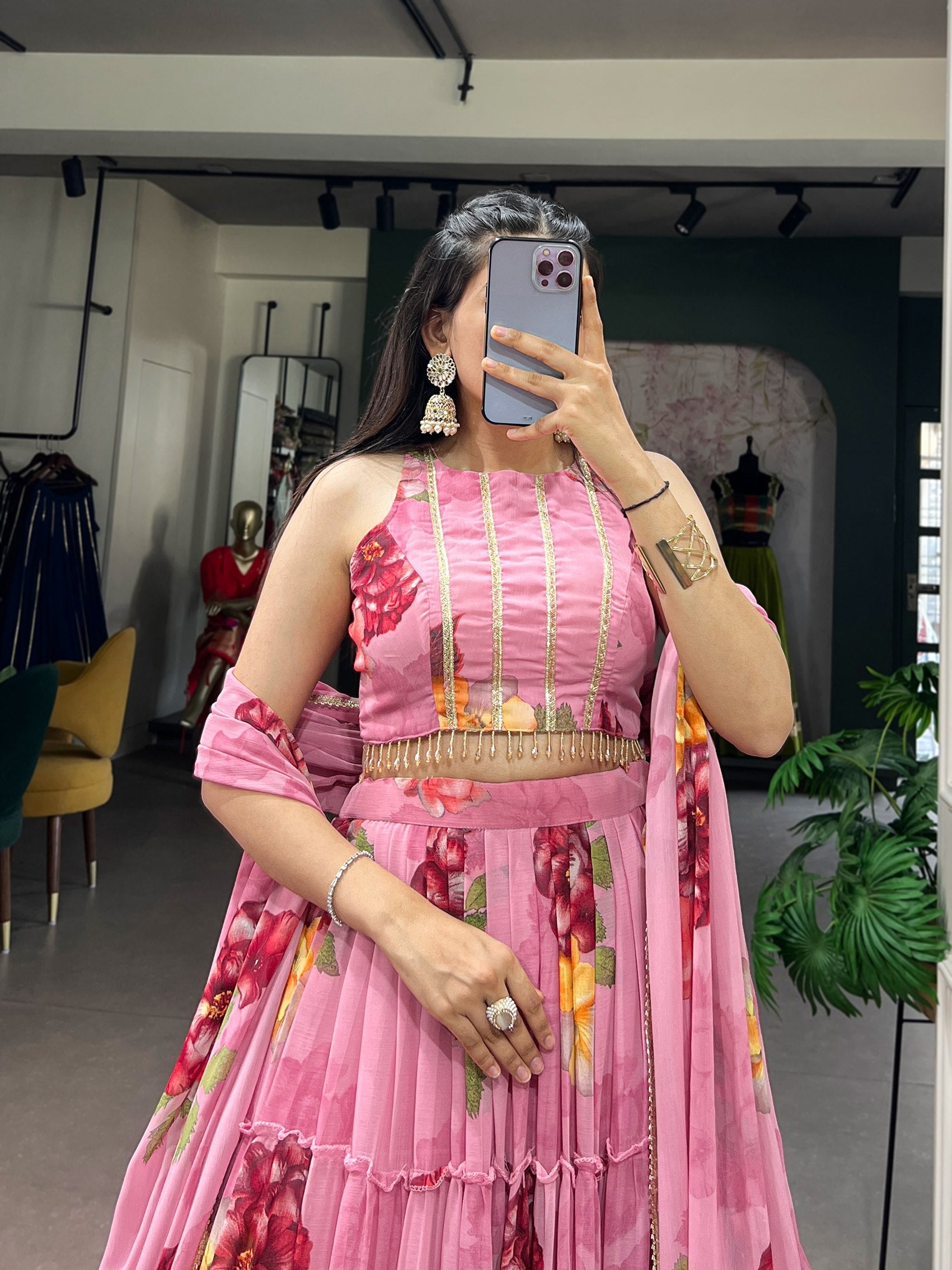 Janki's Floral Printed Georgette Tiered Lehenga Choli