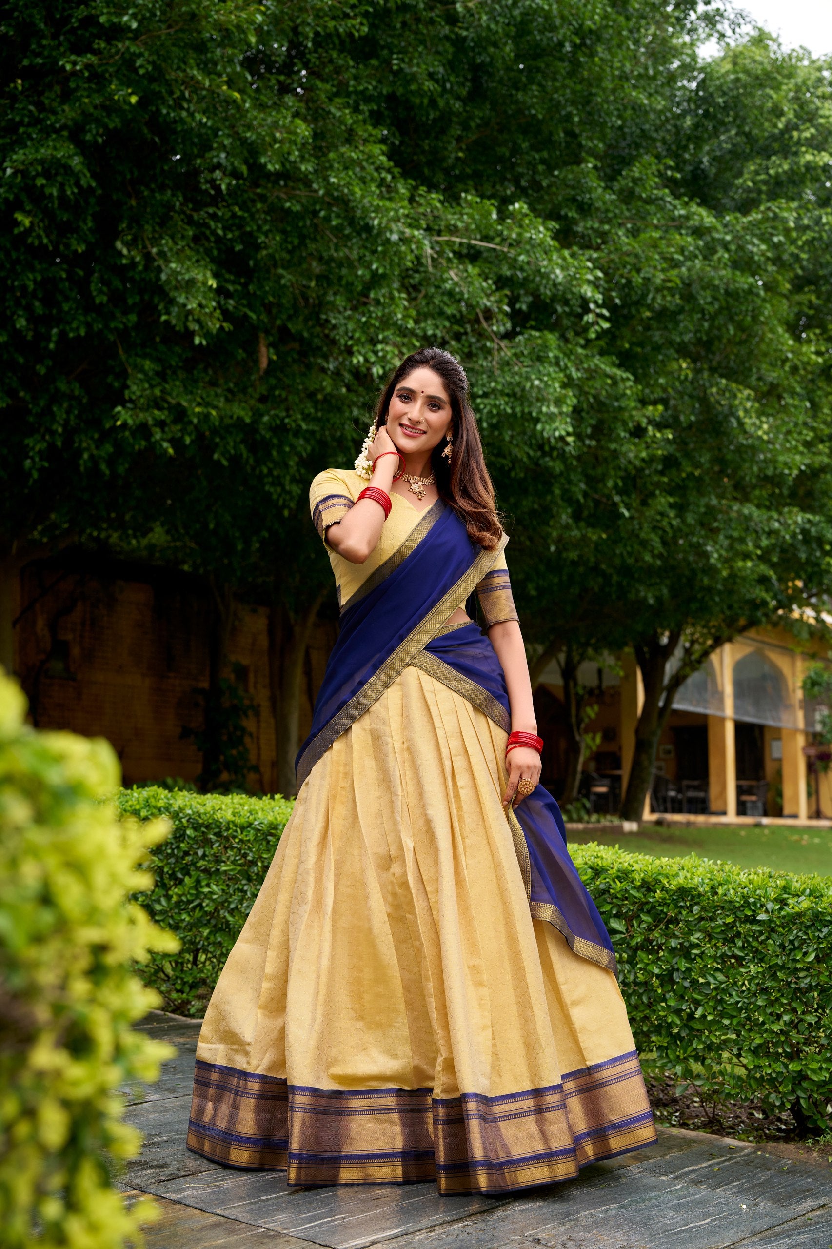 The golden charm of zari, the grace of Kanchipuram — a half saree