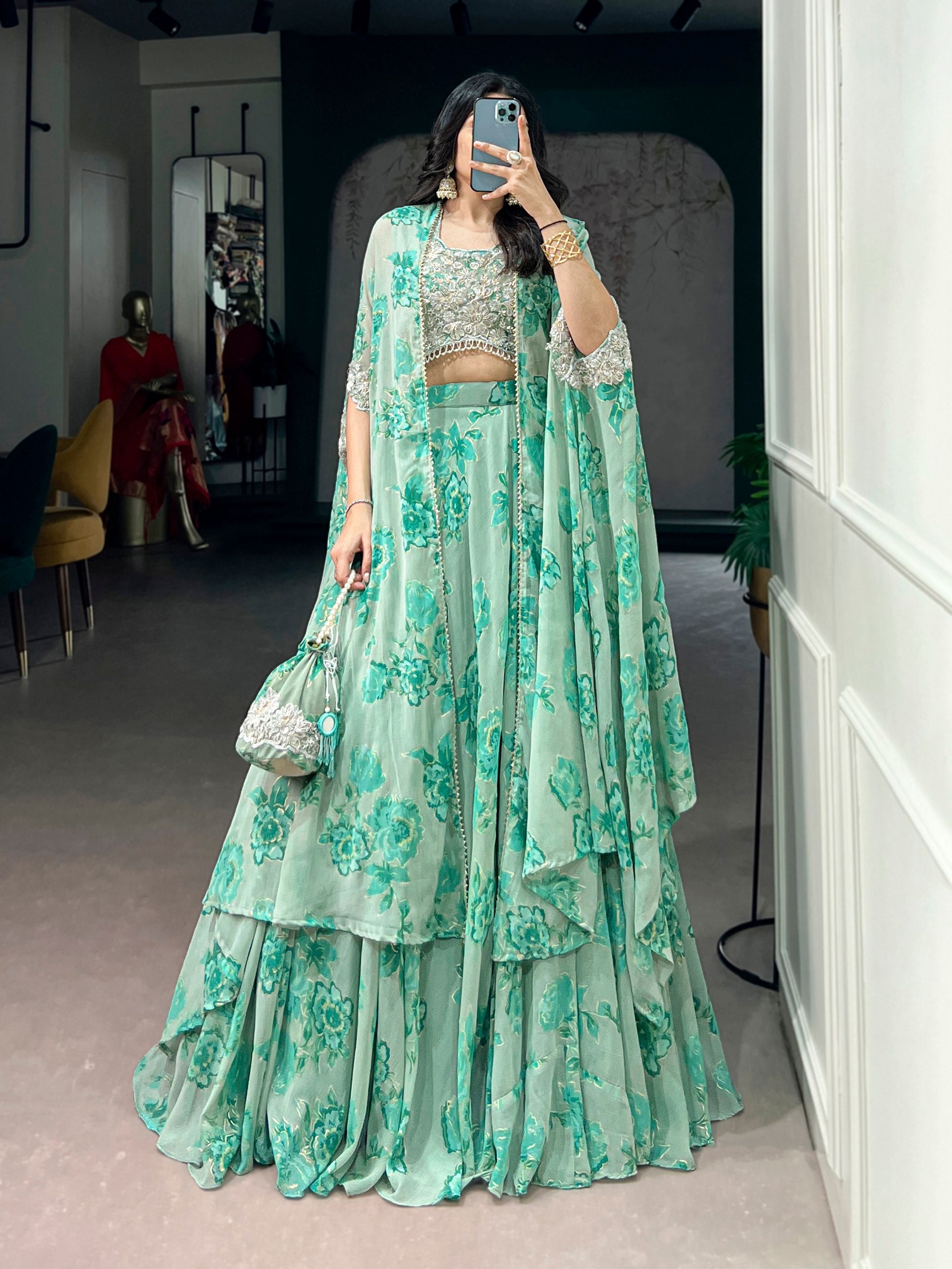 Cape Style Lehenga Georgette with intricate Thread