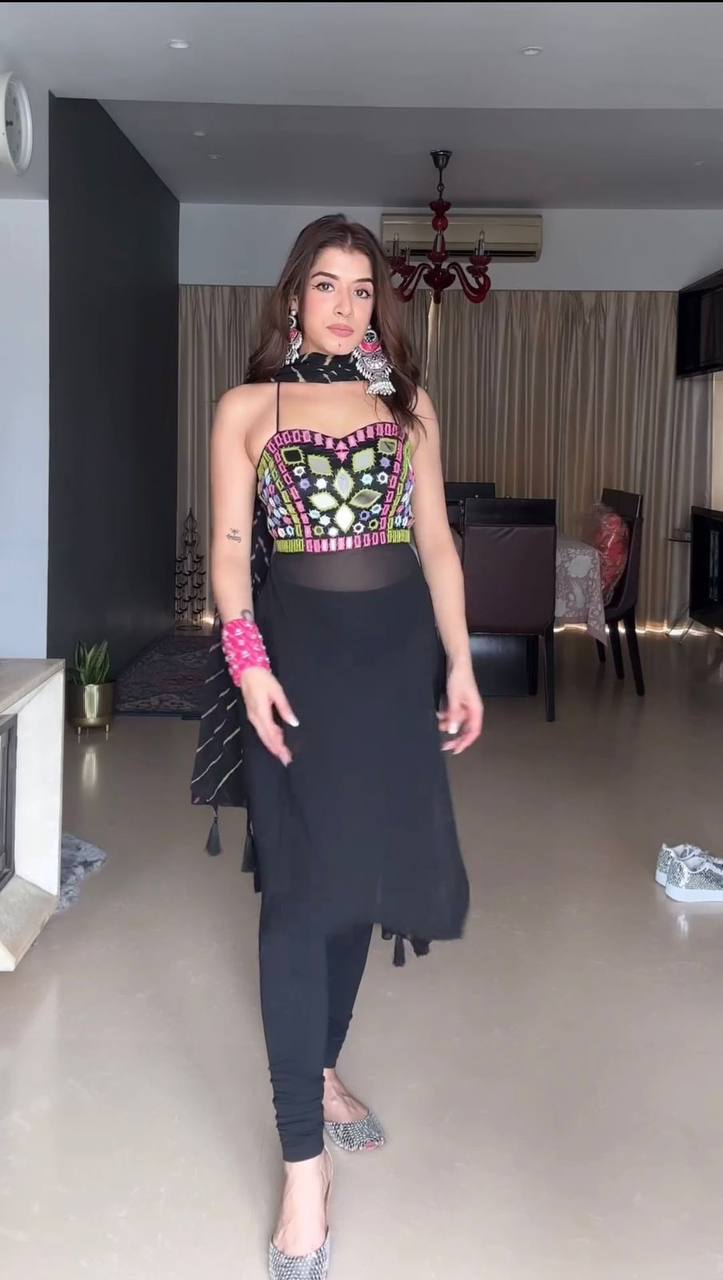 Black Embroidered Kurti Set with Mirror Work & Dupatta