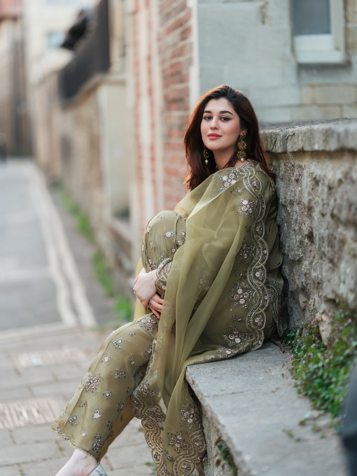 Olive Green Embroidered Suit Set