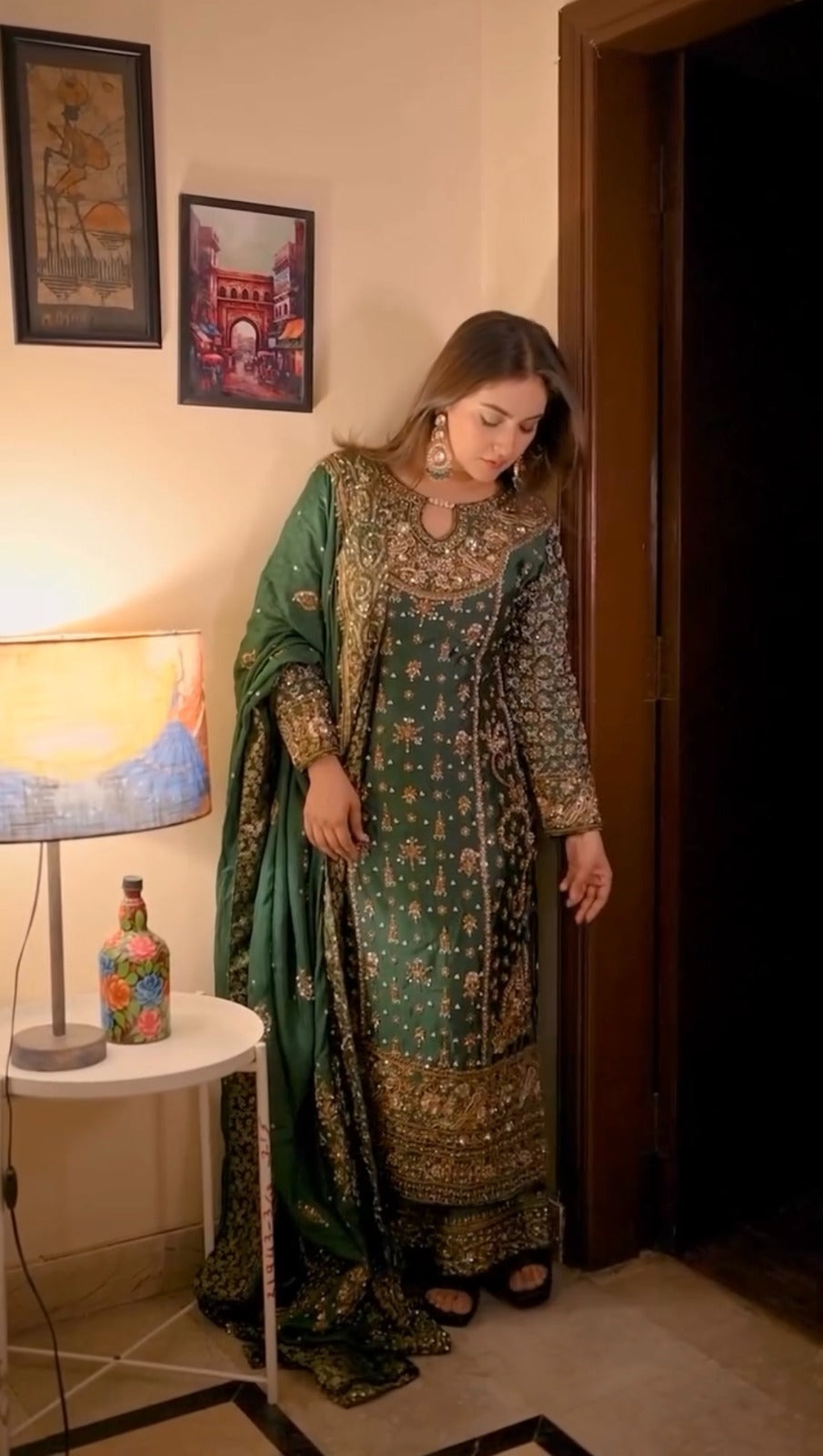 Crafted traditional suit deep emerald green and royal purple