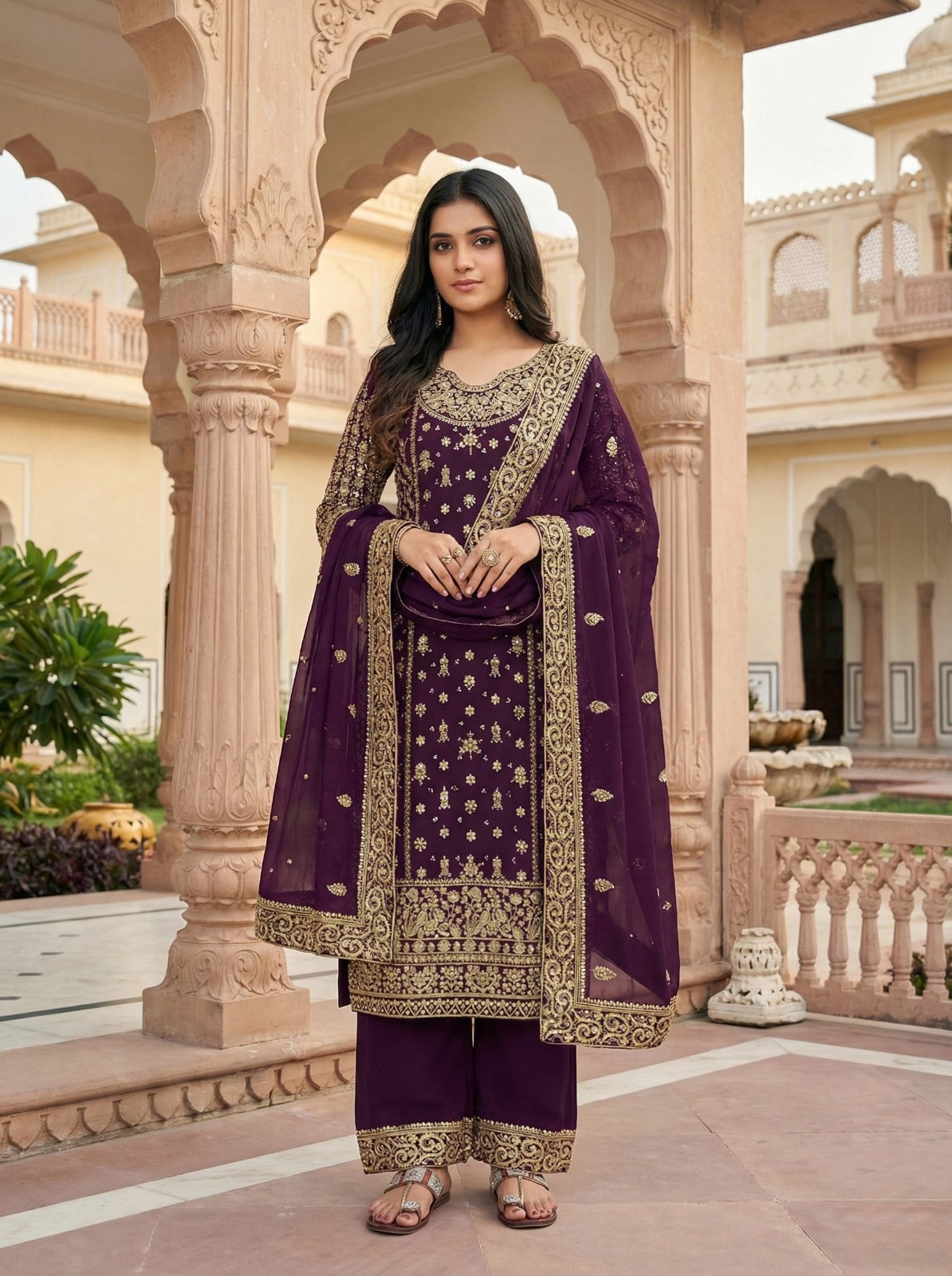 Crafted traditional suit deep emerald green and royal purple